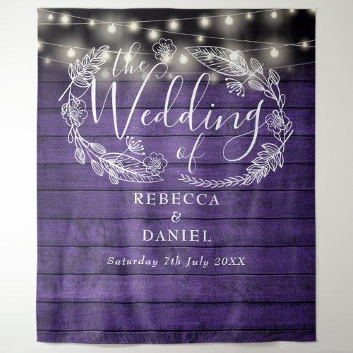 Purple Wood String Lights Floral Wedding Backdrop