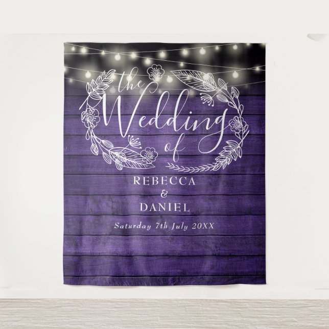 Purple Wood String Lights Floral Wedding Backdrop (Front)