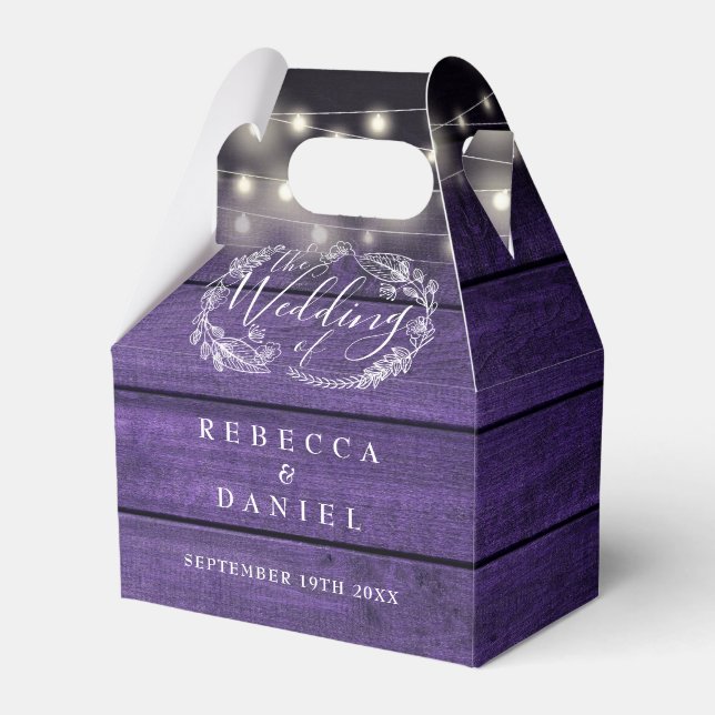 Purple Wood String Lights Floral Wedding Favor Boxes (Front Side)