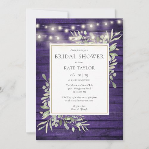 Purple Wood String Lights Greenery Bridal Shower Invitation