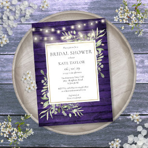 Purple Wood String Lights Greenery Bridal Shower Invitation
