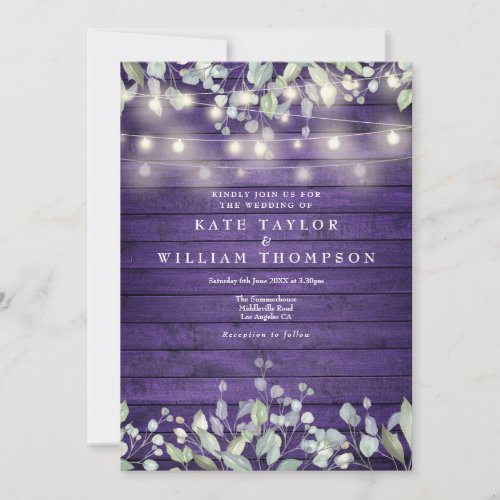 Purple Wood String Lights Greenery Floral Wedding Invitation