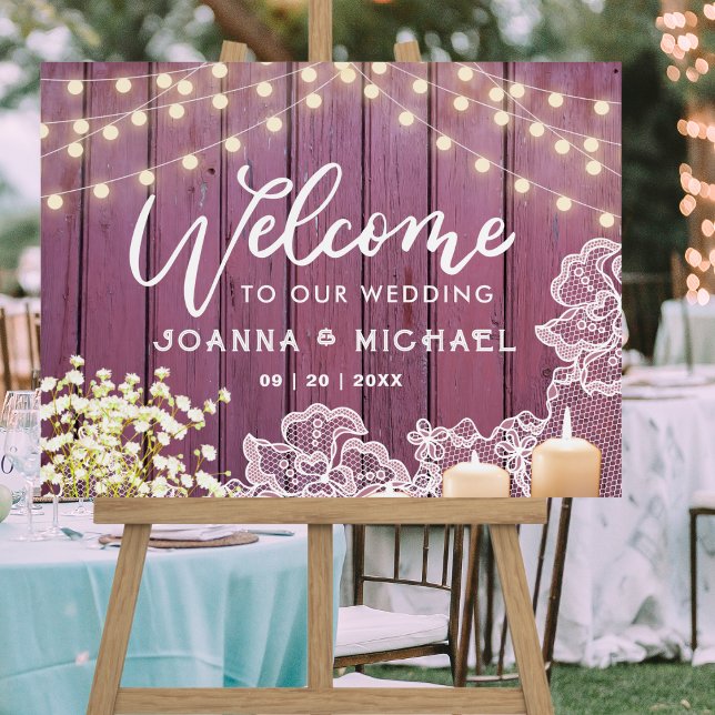 Purple Wood String Lights & Lace Wedding Welcome Foam Board (Creator Uploaded)