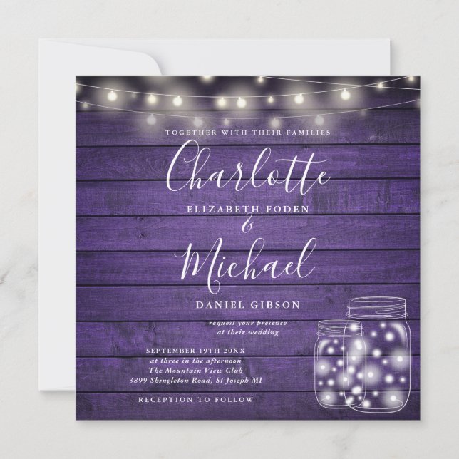 Purple Wood String Lights Mason Jar Photo Wedding Invitation (Front)