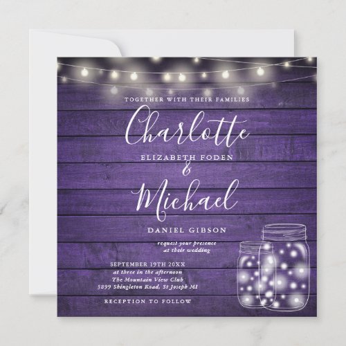 Purple Wood String Lights Mason Jar Photo Wedding Invitation