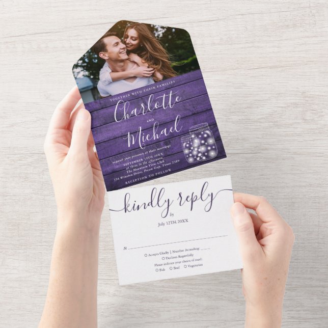 Purple Wood String Lights Mason Jars Photo Wedding All In One Invitation (Tearaway)