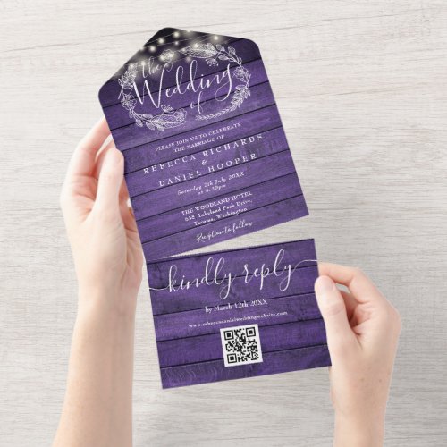 Purple Wood String Lights QR Code Floral Wedding All In One Invitation