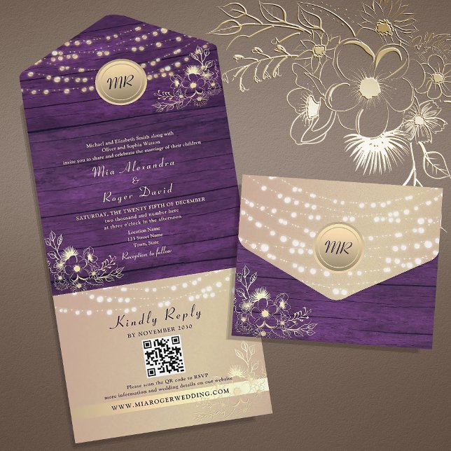 Purple Wood String Lights Rustic Wedding All In One Invitation (Creator Uploaded)