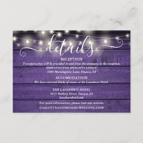 Purple Wood String Lights Script Wedding Details Enclosure Card