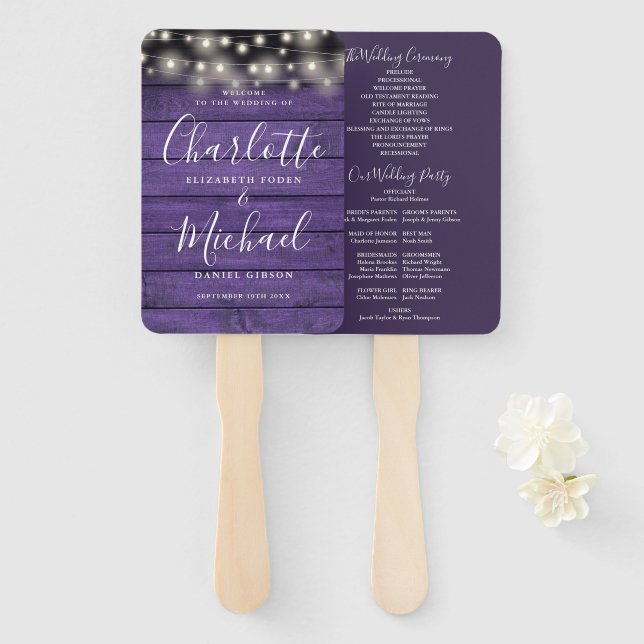 Purple Wood String Lights Script Wedding Program Hand Fan (Front and Back)