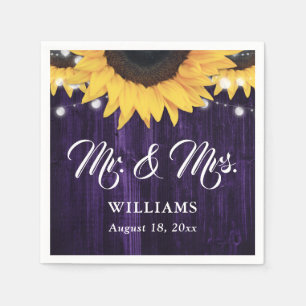 Purple Wood String Lights Sunflower Wedding Napkins