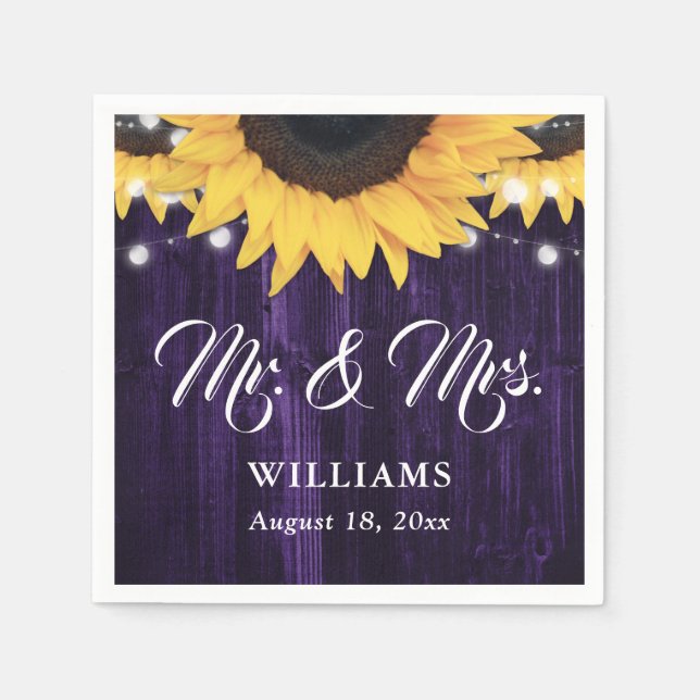 Purple Wood String Lights Sunflower Wedding Napkins (Front)