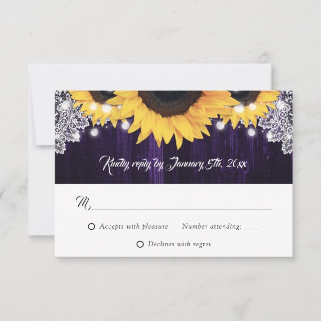 Purple Wood String Lights Sunflower Wedding RSVP Card (Front)