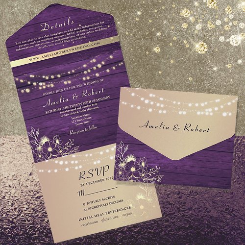 Purple Wood String Lights Wedding All In One Invitation