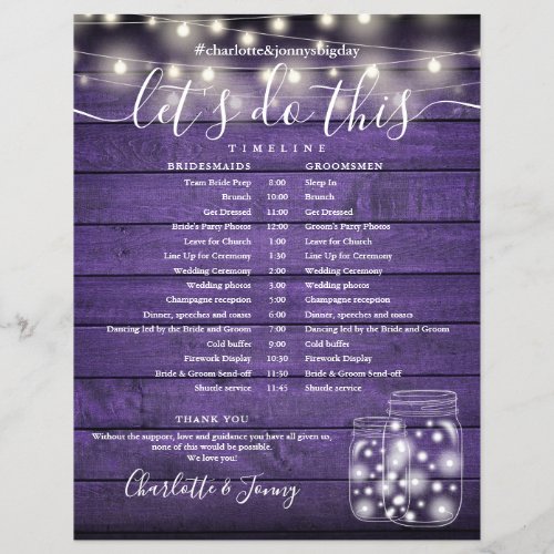 Purple Wood String Lights Wedding Program Timeline