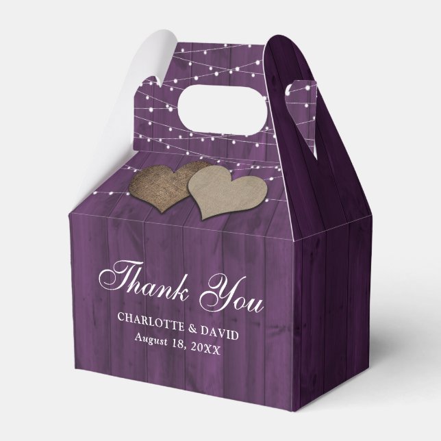 Purple Wood String Lights Wedding Thank You Favor Boxes (Front Side)