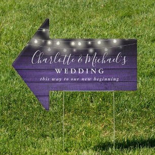 Purple Wood String Lights Wedding This Way Arrow Sign