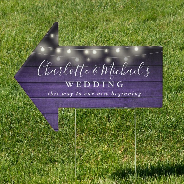 Purple Wood String Lights Wedding This Way Arrow Sign (Purple Wood String Lights Wedding This Way Arrow Sign)