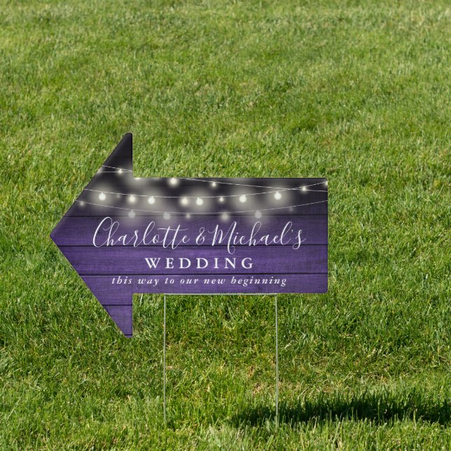 Purple Wood String Lights Wedding This Way Arrow Sign (Insitu)
