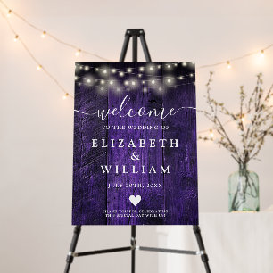 Purple Wood String Lights Wedding Welcome Sign