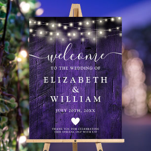 Purple Wood String Lights Wedding Welcome Sign