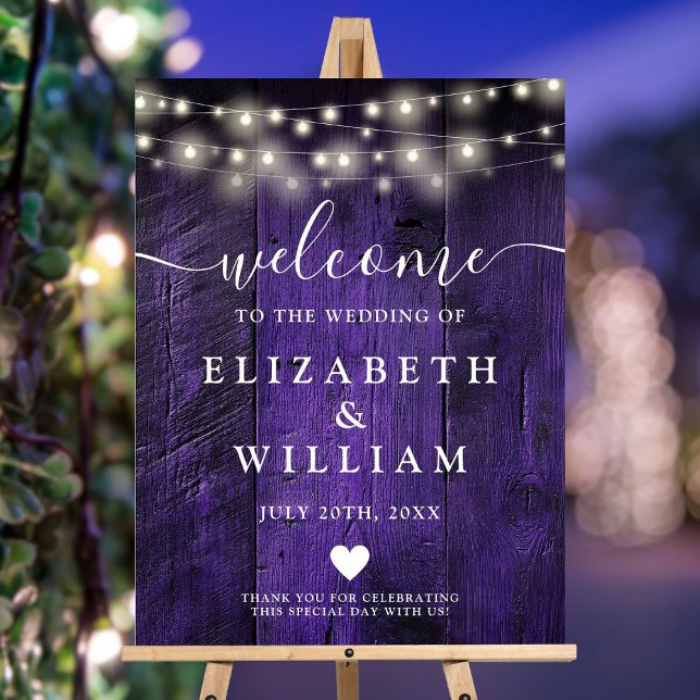 Purple Wood String Lights Wedding Welcome Sign (Purple Wood String Lights Wedding Welcome Sign)