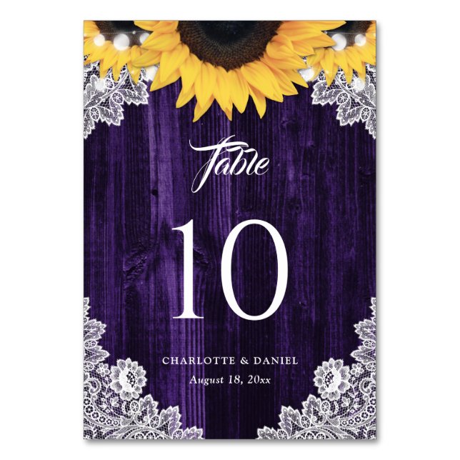 Purple Wood Sunflower String Lights Floral Lace Table Number (Front)