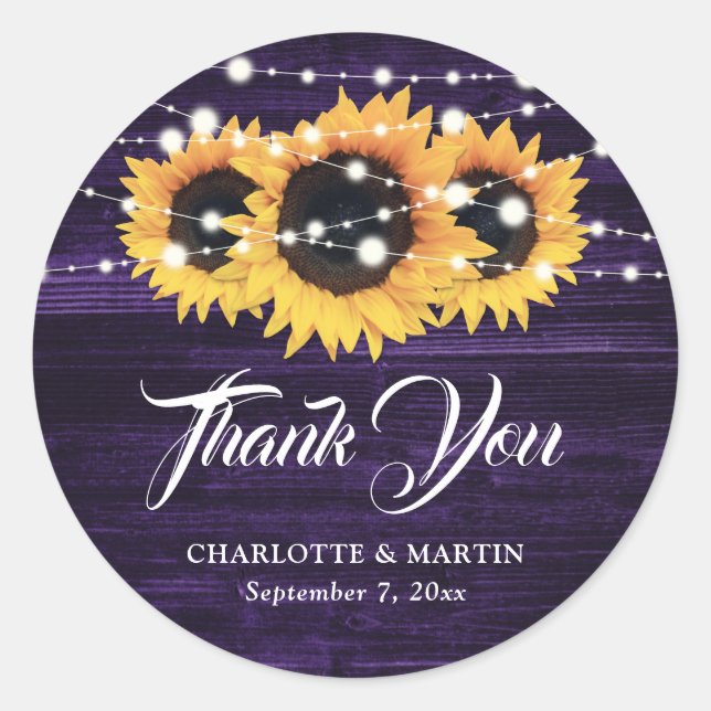 Purple Wood Sunflower Wedding Thank You Classic Round Sticker (Front)