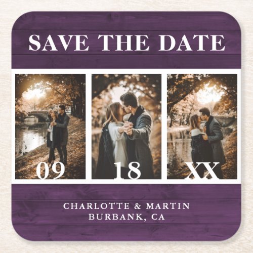 Purple Wood Wedding Photo Save The Date Square Paper Coaster