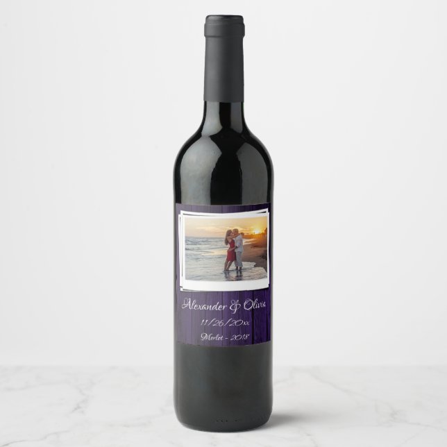 Purple Wooden Photo Wedding Wine Label (Front)