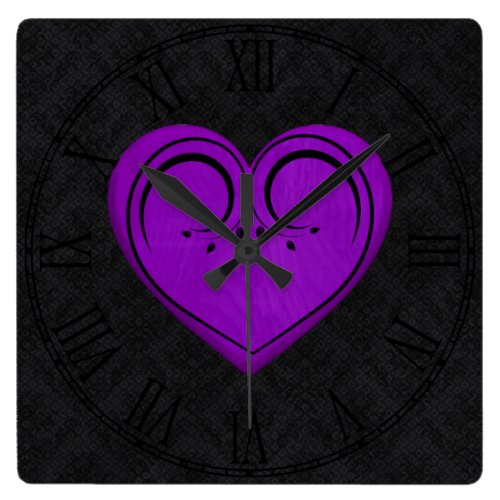 Purple Wooden Rustic Grunge Heart Square Wall Clock