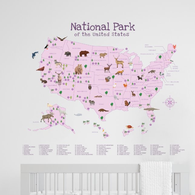 Purple Woodland US National Parks Map Nursery  Wall Decal (Purple Woodland US National Parks Map Nursery Wall Decal)