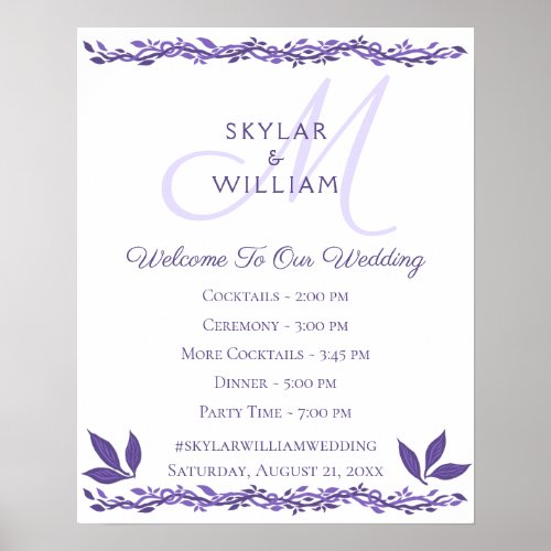 Purple Woodsy Wedding Hashtag Welcome Sign