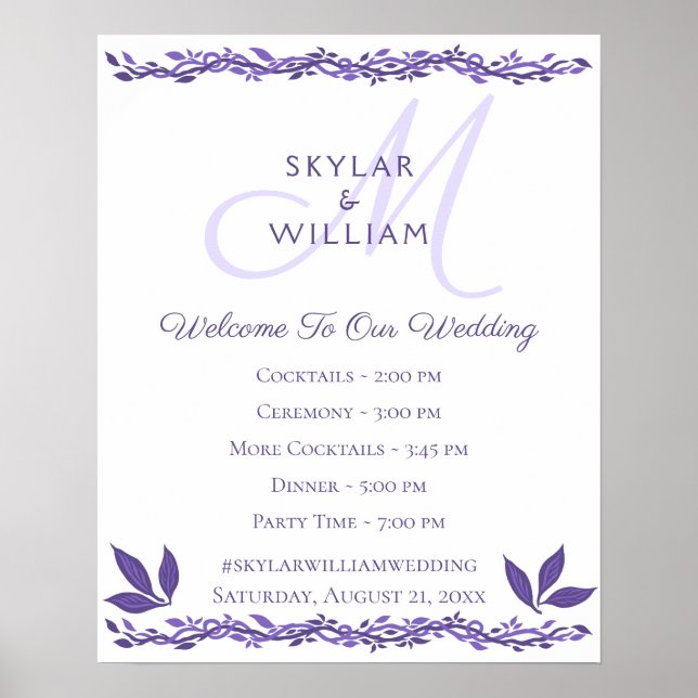 Purple Woodsy Wedding Hashtag Welcome Sign (Front)