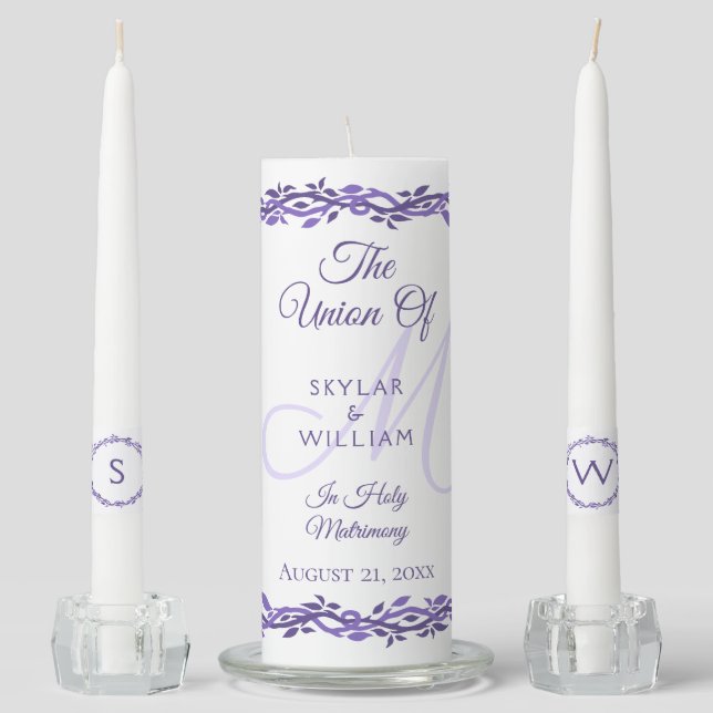 Purple Woodsy Wedding Monogram Ceremony Keepsake Unity Candle Set (Front)