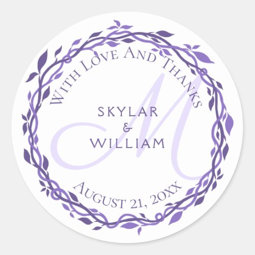 Purple Woodsy Wedding Monogram Love And Thanks Classic Round Sticker