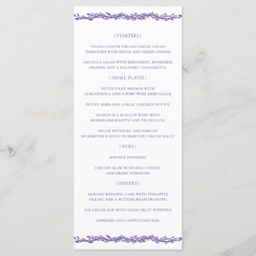 Purple Woodsy Wedding Reception Ultra Violet Menu