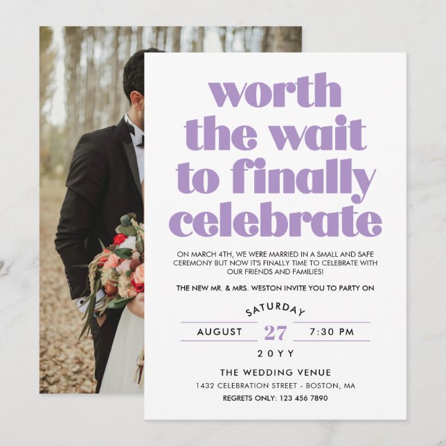 Purple Worth the Wait Sequel Wedding Celebration Invitation (Front/Back)
