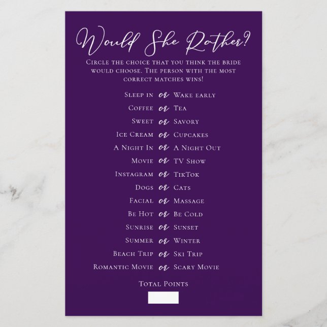 Purple Would She Rather Bridal Shower Game (Front)