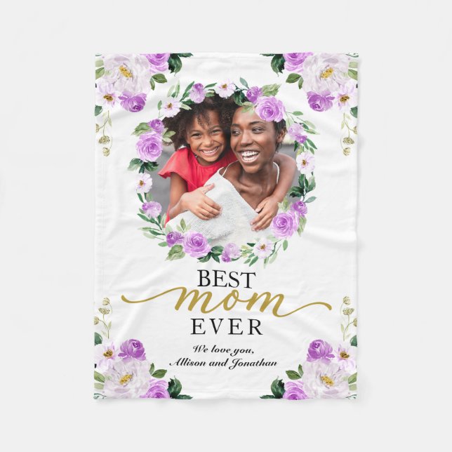 Purple Wreath Photo Best Mom Ever Mother's Day Fleece Blanket (Front)