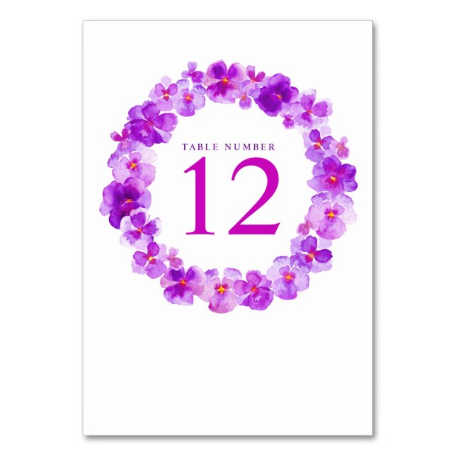 Purple wreath watercolor flower art table numbers (Front)