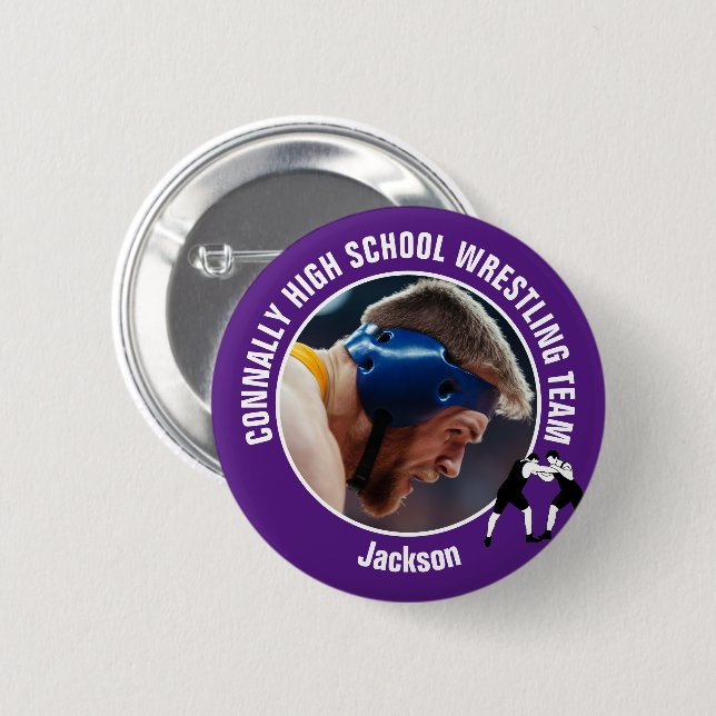 Purple Wrestling Team Photo High School Wrestler Button (Front & Back)