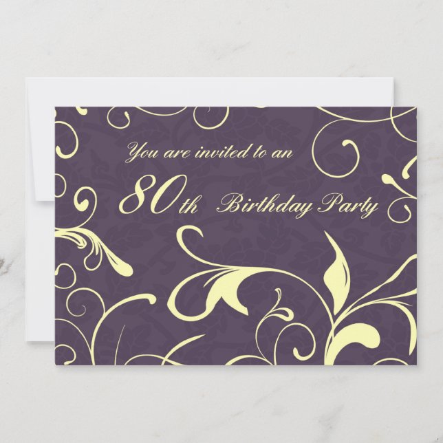 Purple Yellow 80th Birthday Party Invitation Cards (Front)