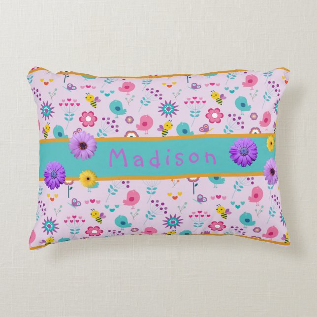Purple, yellow and teal little girl's personalized accent pillow (Front)