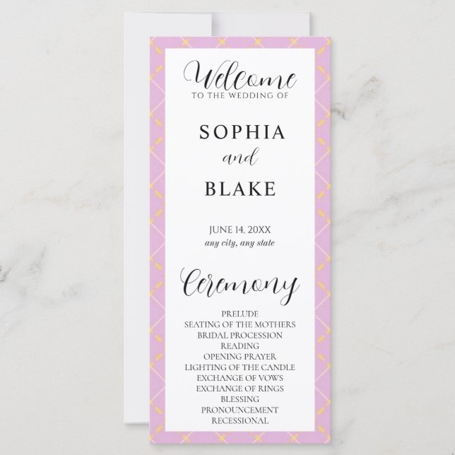 Purple, Yellow and White Plaid Wedding Program (Front)