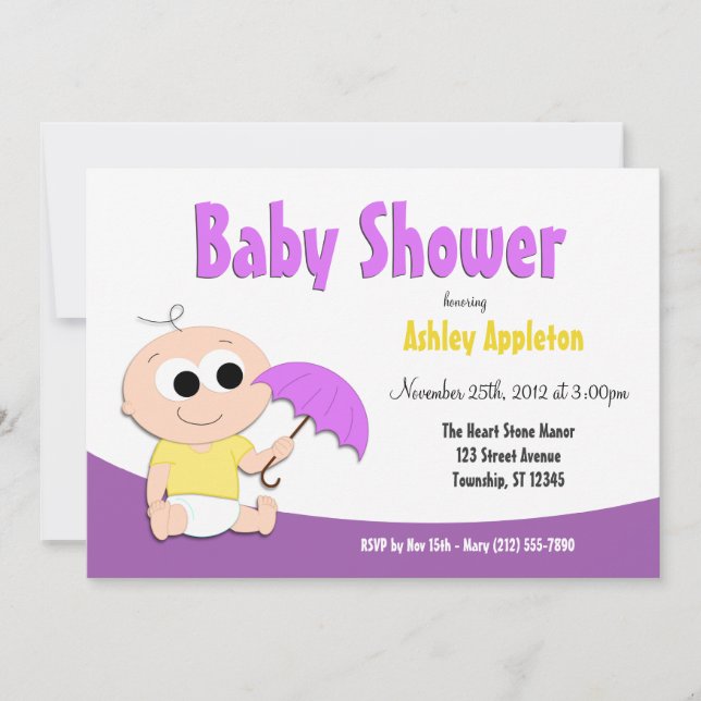 Purple & Yellow Baby Umbrella - Shower Invitations (Front)