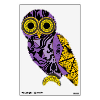 Purple Yellow Black Damask Pattern Owl Wall Decal