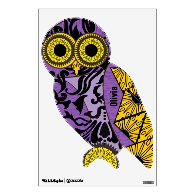 Purple Yellow Black Damask Pattern Owl Wall Decal (Front)