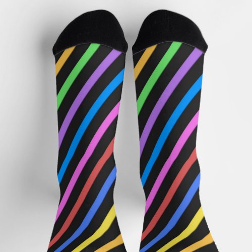 Purple Yellow Blue Black colorful trippy stripes Socks