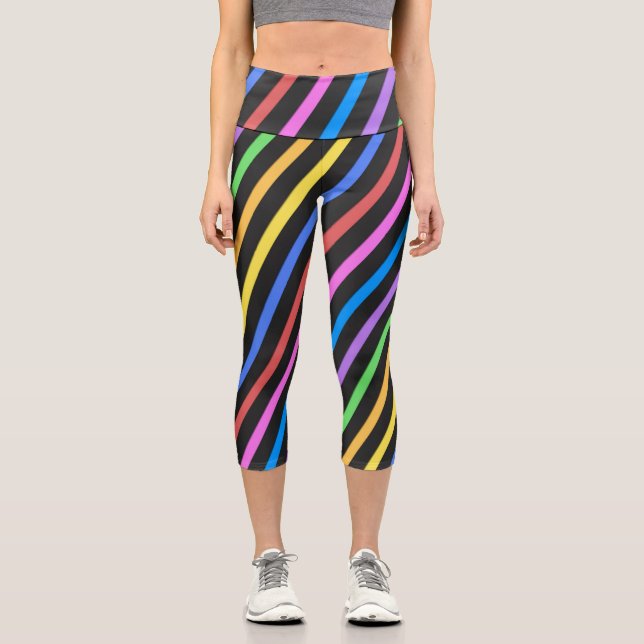 Purple Yellow Blue Black trippy stripes Capri Leggings (Front)